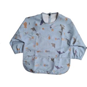 Slab - Schort - Waterproof - met mouw - Kinderschort - Slab met mouwen - Waterafstotend - Knutselen - Kliederschort - met opvangbak - 36 tot 54 maanden - Blauw met zeedieren