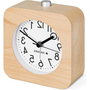 Houten Analoge Wekker - Vierkant - Retro Tafelklok met Wekker en Achtergrondverlichting - Lichtbruin met Witte Wijzerplaat