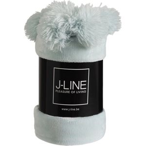 J-Line Plaid Pompom - fleece deken - polyester - lichtblauw - 170 x 130 cm - woonaccessoires