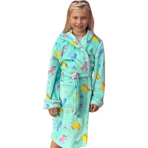 Unicorn kinderbadjas – Badjas kind unicorn – Kinderbadjas eenhoorn – Meisjes badjas – Kinderbadjas meiden – Kinderbadjas meisjes aqua blauw – Fleece kinderbadjas vrolijke kleuren – Kinderbadjas capuchon – M = 7-8 jaar