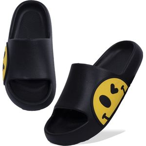 JAXY Smiley Slippers - Slippers Dames en Heren - Badslippers Dames en Heren - Badslippers Kinderen - Slippers Jongens en Meisjes - Slippers Kinderen - Maat 44-45 - Zwart