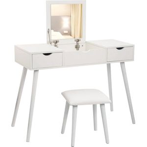 RM Store® - Kaptafel Met Kruk - Make Up Tafel - Kaptafel Met Spiegel - Cosmetische Tafel - Vanity Tafel - Slaapkamer - Wit - 100x40x75 cm.