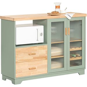Modern Dressoir met Glazen Deur - Keukenkast - Dressoir - Halkast - Opbergorganisator - Wijnglas- en flessenhouder - Ruim magnetroncompartiment - MDF en rubberhout - 120 cm x 90 cm x 40 cm - Groen
