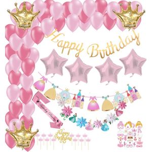 Prinses feestpakket 101-delig - Prinses slingers - Prinses versiering - Prinses verjaardag - Prinses ballonnen - 52 stuks roze ballonnen - Slingers verjaardag roze prinses - Prinsessen accessoire set