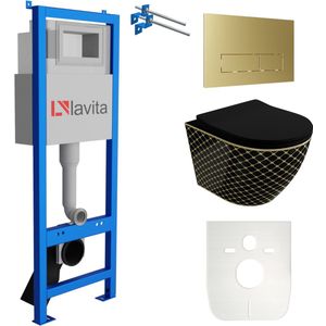 LAVITA® Inbouwreservoir Complete Toiletset LAV 101 - Inbouw WC Hangtoilet Wandcloset SOFI BLACK NIGHT BLACK Zwart Mat - Bedieningsplaat 200.3.5 Gouden - Voorwandelement voor toilet 40cm - Installatiesysteem