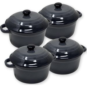 4 x kleine ovenschalen met deksel | mini ovenvormen van keramiek 200 ml | ronde vormpjes Ø 10 x 5 cm | kleine ovenschaal | kleur: antraciet in set van 4