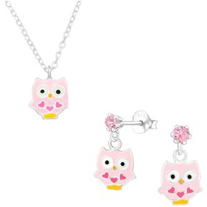 Zilveren uiltje met hartjes kinderoorbellen en ketting | cadeau set meisje | uil oorstekers hanger Meisje Zilver | kinderketting koala | kindersetje oorbellen ketting | Zilverana | Sterling 925 Silver