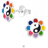 Oorbellen meisje | Zilveren kinderoorbellen | Zilveren oorstekers, regenboogbloem met yin-yanghart