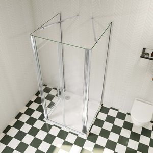 Douchecabine B:90xD:100xH:195cm,twee zijwaden, 6 mm transparant, gemakkelijk te reinigen gehard glas, stabilisatiestang 73-120 cm (verstelbaar), profiel van glanzend chroom.