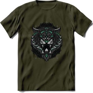 Tijger - Dieren Mandala T-Shirt | Aqua | Grappig Verjaardag Zentangle Dierenkop Cadeau Shirt | Dames - Heren - Unisex | Wildlife Tshirt Kleding Kado | - Leger Groen - S