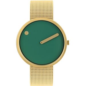 Picto Design Horloge Groene Wijzerplaat, Goud Stalen Mesh Horlogeband 43377-0920G - Uniseks - 40mm