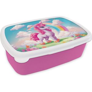 Broodtrommel Roze - Lunchbox Unicorn - Meisjes - Bloemen - Regenboog - Eenhoorn - Brooddoos 18x12x6 cm - Brood lunch box - Broodtrommels voor kinderen en volwassenen