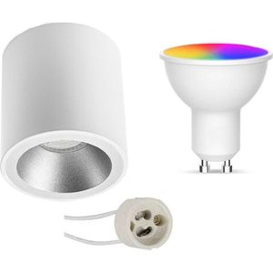 Opbouwspot Set GU10 - Facto - Smart LED - Wifi LED - Slimme LED - 5W - RGB+CCT - Aanpasbare Kleur - Dimbaar - Afstandsbediening - Pragmi Cliron Pro - Opbouw Rond - Mat Wit/Zilver - Verdiept - Ø90mm