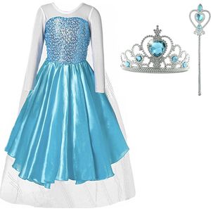 Het Betere Merk - Prinsessenjurk meisje - Blauwe jurk - Lange Sleep - Carnavalskleding kinderen - Prinsessen Verkleedkleding - 128/134 (140) - Kroon - Toverstaf - Cadeau meisje - Prinsessen speelgoed - Verjaardag meisje