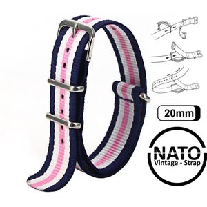 20mm Premium Nato Strap Blauw Roze Wit - Vintage James Bond - Nato Strap collectie - Mannen - Horlogeband - 20 mm bandbreedte voor oa. Seiko Rolex Omega Casio en Citizen