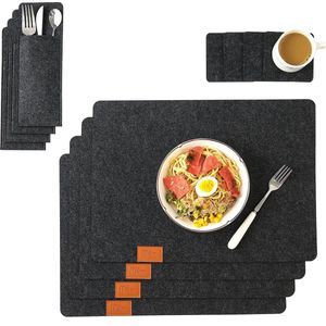 Wasbare vilten placemat, set van 12 in antraciet, 4 tafelonderzetters + 4 onderzetters + 4 bestekzakjes, wasbare en antislip vilten placemat, placemats voor eettafel, 44 x 32 cm (4 sets)