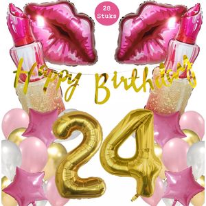 Snoes Mega Beauty Helium Ballonnen Set 24 Jaar - Roze Helium Folieballonnen - Slinger Happy Birthday Goud