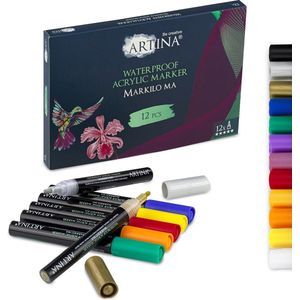 Artina Markilo MA Set van 12 Acryl Markers - Acryl Pennen – Stiften voor volwassenen Inkt Markeerstiften voor Papier Glas, Keramiek Stenen Hout Metaal