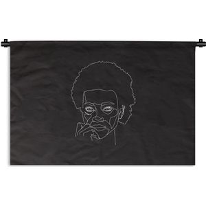 Wandkleed Line-art Vrouwengezicht - 24 - Line-art vrouw met afro op een zwarte achtergrond Wandkleed katoen 90x60 cm - Wandtapijt met foto