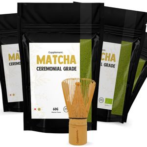 Cupplement - 4 Zakken Ceremonial Grade Matcha 60 Gram - Biologisch - Inclusief Matcha Whisk - Klopper - Culunary Thee Poeder - Starter set - Tenno