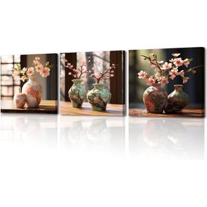 Moderne kunstdruk op canvas - Perzikbloesems decoratie - Set van 3 - 30 x 30 cm