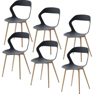 ByLoesje® Set van 6 stuks Middeleeuwse Noordse Eetkamerstoelen - Plastic - Zwart - Open Rugleuning - Houten Poten - Anti Slip