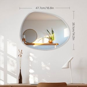 Zelfklevende asymmetrische spiegel, zelfklevende badkamerspiegel, decoratieve moderne asymmetrische glazen wandspiegel voor hal, badkamer, slaapkamer, woonkamer (fijn geslepen, 47,7 x 36,1 cm,