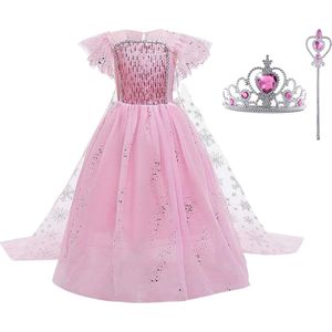 Elsa jurk - roze prinsessenjurk meisje -verkleedkleding - Het Betere Merk - Roze jurk - Carnavalskleding kinderen - Prinsessen verkleedkleding - 134/140 (140) - Kroon - Tiara - Toverstaf - Cadeau meisje