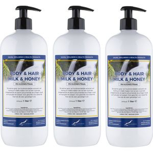 Body & Hair Milk & Honey 1 liter - set van 3 stuks - met gratis pomp - 2 in 1 voor lichaam en haar.