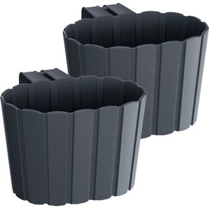 Set van 2x stuks kunststof balkon plantenpotten/bloempotten met haak antraciet antraciet grijs 19 cm - Tuin/balkon decoraties