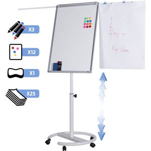 Jago - Mobiele Flip-over met Wielen en Ronde Basis en Papierhouder - In Hoogte Verstelbare - 60 x 90 cm - Met Stiftenhouder met Accessoires - Magnetisch Whiteboard - Presentatiebord - Wit