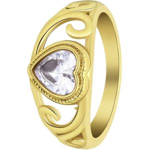 Lucardi Dames vintage ring met hart wit – Maat 60 – 19mm - Ring - Moederdag Cadeautje - Staal goldplated - Goudkleurig