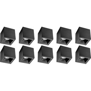 Opbouwspot 10 Pack - Pragmi Cliron Pro - GU10 Fitting - Opbouw Vierkant - Mat Zwart - Aluminium - Verdiept - Ø90mm