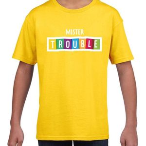 Mister trouble fun tekst t-shirt geel kids - Fun tekst / Verjaardag cadeau / kado t-shirt kids 158/164