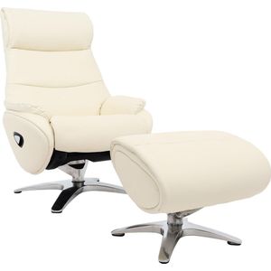 Relaxfauteuil met hocker MCW-K98, TV-fauteuil, relaxfunctie, draaibaar, metaal echt leer/kunstleer ~ crème-wit