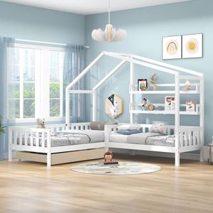 Kinderhuisbed met lades en planken - massief houten slaapbank met hek en lattenbodem - L-structuur - wit kleur (90x200 cm + 140x70cm)