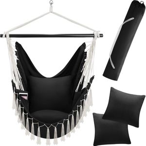 tectake® - Hangstoel Malika - extra dikke zit- en rugkussens, incl. draagtas en boekenvak - zwart