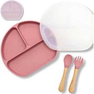 Siliconen serviesset voor kinderen, babybord, siliconen kinderborden, antislip babybord, zuignap, deksel, kinderbord met deksel, siliconen placemat, kinderbord met zuignap (diep roze)