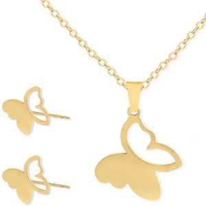 Cadeau Ketting & Oorbellen set met Vlinder - Roestvrij Staal - Goudkleurig - Cadeau Sieraad op Kaartje - Pax Amare