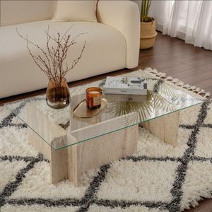 Vente-unique Salontafel van gehard glas - Travertijn-effect, beige en transparant - AZRA