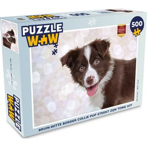 Puzzel Bruin-witte border collie pup steekt zijn tong uit - Legpuzzel - Puzzel 500 stukjes