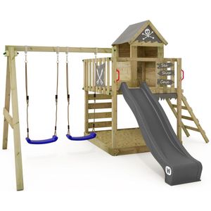 WICKEY speeltoestel klimtoestel Smart Cave met schommel & antraciet glijbaan, outdoor klimtoren voor kinderen met zandbak, ladder & speelaccessoires voor de tuin