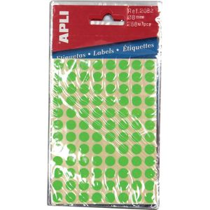 Apli ronde etiketten in etui diameter 8 mm, fluo groen, 288 stuks, 96 per blad (2079)