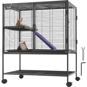 Kibus Kooi voor Knaagdieren - Fret/Konijn/Cavia/Hamster - 2 Verdiepingen - Met vergrendelbare wielen - 77x52x92cm - Incl. anti-slip Loopplank