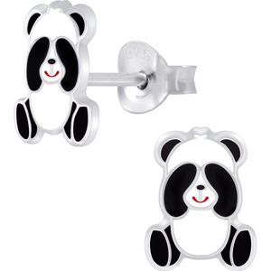 Joy|S - Zilveren Panda oorbellen - 6 x 8 mm - zwart wit