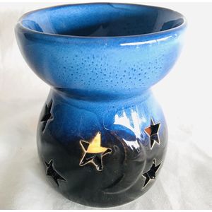 Oliebrander Maan & sterren Zwart/blauwe keramiek 10x10x12cm Aromabrander voor geurolie of wax smelt