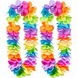 Toppers - Boland Hawaii krans/slinger - 2x - Tropische/zomerse kleur mix - Grote bloemen blaadjes hals slinger