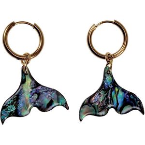 ∅16mm Oorbellen Dames - Bungelen Oorbellen - Abalone Schelp - Verguld RVS - Oorringen met Zeemeerminstaart Hanger