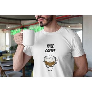 Shirt - Have coffee with me - Wurban Wear | Grappig shirt | Koffie | Unisex tshirt | Koffiezetapparaat | Koffiebonen | Wit, Zwart & Licht blauw