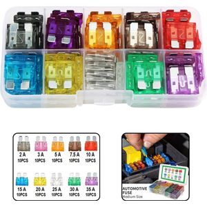 Auto Zekeringen Assortiment - 100 Stuks, 2A tot 35A - Vervang Zekeringen voor Koplamp, Airconditioning en Meer - Veilig en Betrouwbaar